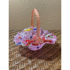 Vintage Italian Splatter Millefiori Ruffled Glass Basket Murano Polished Base